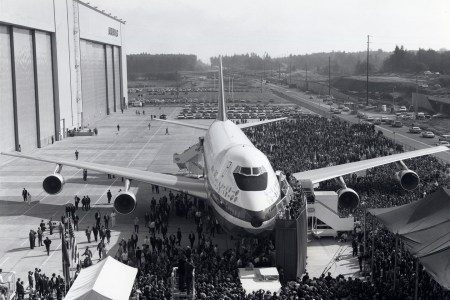 The prototype of the 'Jumbo' being rolled out of its purpose-built factory - the largest building ever built - at Everett, Washington, USA. The world's largest passenger aeroplane, the Boeing 747 carries up to 400 people. The aircraft first entered service in 1970.  (SSPL/Getty Images)