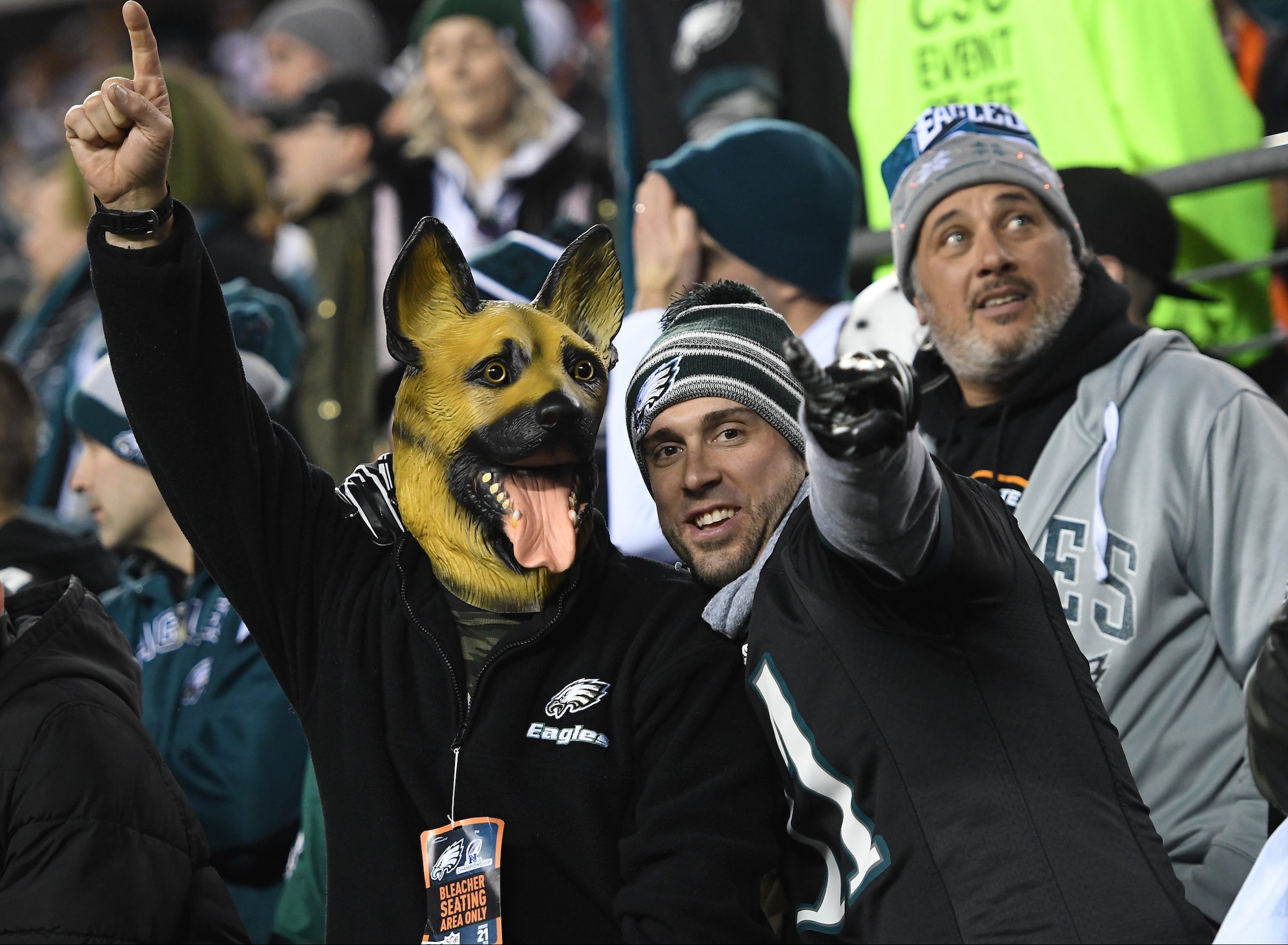 Philadelphia Eagles fans wear underdog mask during the NFC Championship game between the Philadelphia Eagles and the Minnesota Vikings on January 21, 2017 at Lincoln Financial Field in Philadelphia, PA. Eagles won 38-7.(Photo by Andy Lewis/Icon Sportswire via Getty Images)