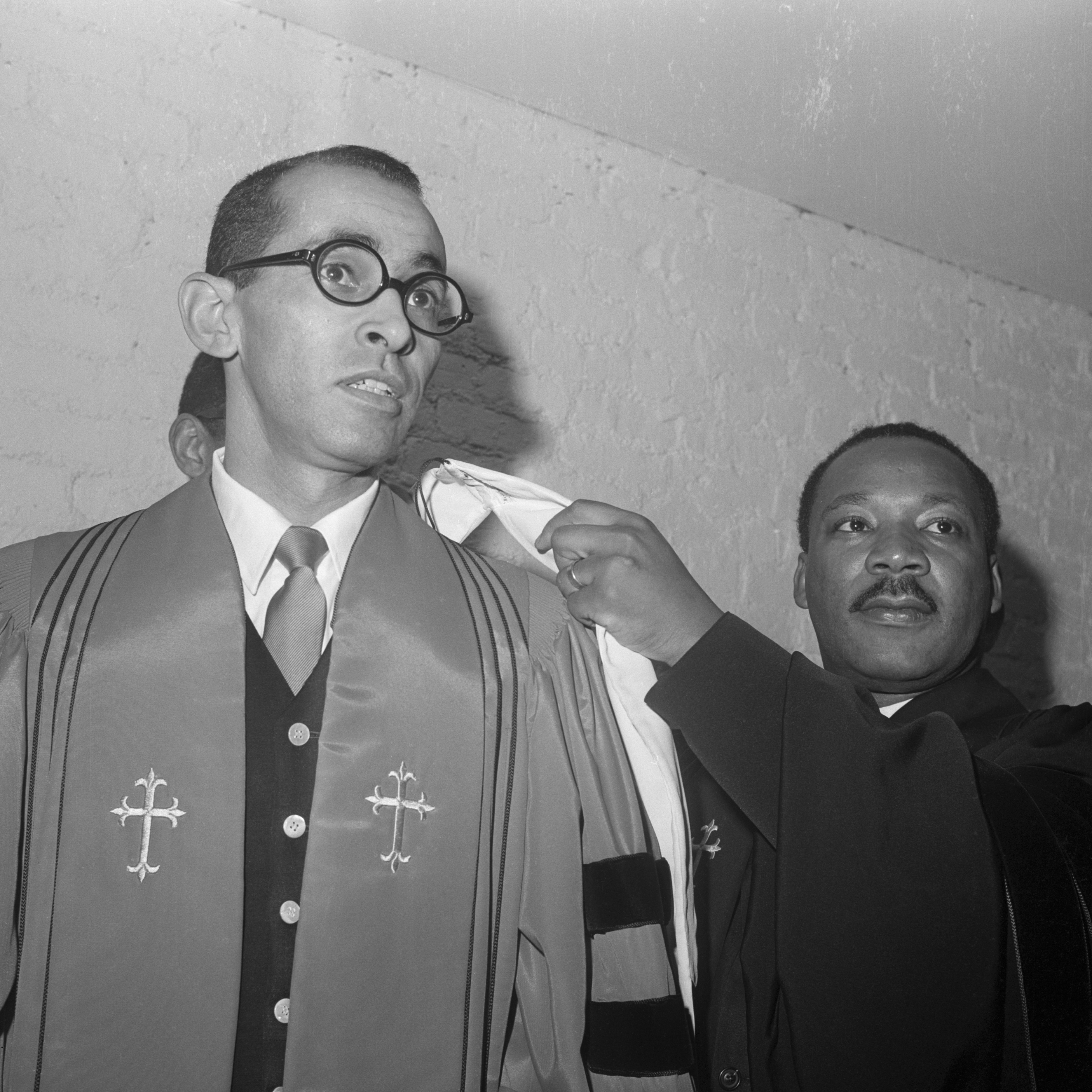 Civil rights leader Dr. Martin Luther King (right) installs the Rev. Wyatt T. Walker as pastor of the New Canaan Baptist Church.