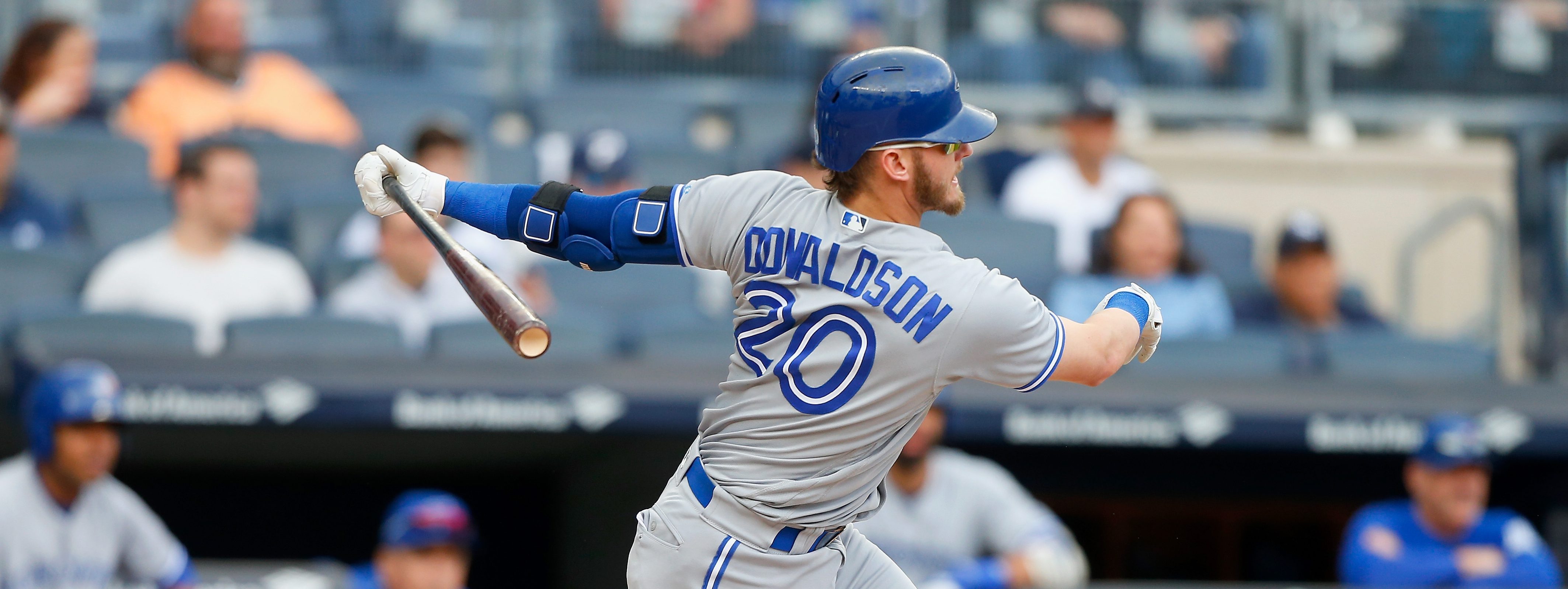 Josh Donaldson #20 of the Toronto Blue Jays in action against the New York Yankees at Yankee Stadium on September 30, 2017. (Photo by Jim McIsaac/Getty Images)