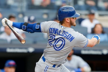 Josh Donaldson #20 of the Toronto Blue Jays in action against the New York Yankees at Yankee Stadium on September 30, 2017.  (Photo by Jim McIsaac/Getty Images)