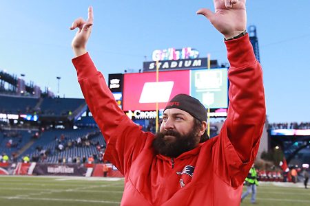 New England Patriots defensive coordinator Matt Patricia waves towards the stands after they defeated the Miami Dolphins 34-17. The New England Patriots hosted the Miami Dolphins in a regular season NFL football game at Gillette Stadium in Foxborough, Mass., on Nov. 26, 2017. (Photo by Matthew J. Lee/The Boston Globe via Getty Images)