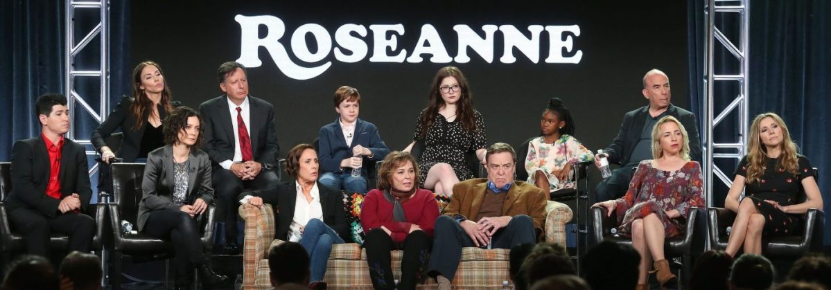 Roseanne Barr and cast/crew of 'Roseanne' onstage during the ABC Television/Disney portion of the 2018 Winter Television Critics Association Press Tour.  (Photo by Frederick M. Brown/Getty Images.)