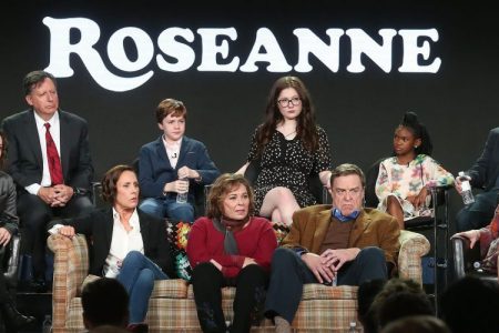Roseanne Barr and cast/crew of 'Roseanne' onstage during the ABC Television/Disney portion of the 2018 Winter Television Critics Association Press Tour.  (Photo by Frederick M. Brown/Getty Images.)