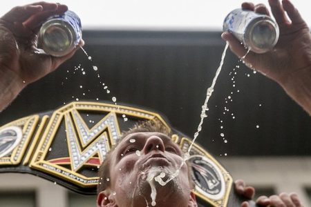 Rob Gronkowski ("Gronk") of the New England Patriots celebrates at the Super Bowl victory parade on February 7, 2017 in Boston, Massachusetts. (Billie Weiss/Getty Images)