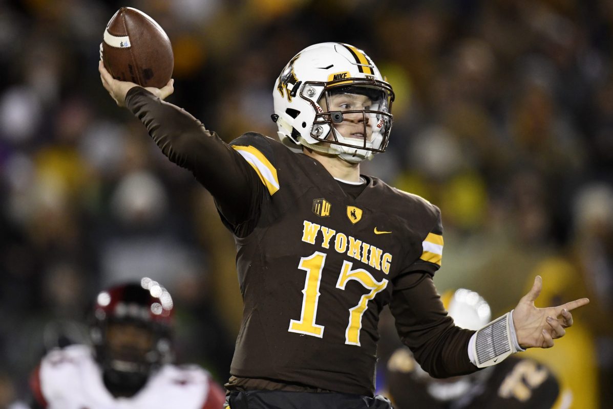 Josh Allen (17) of the Wyoming Cowboys passes against the San Diego State Aztecs during the second half of San Diego State's 27-24 win on Saturday, December 3, 2016. The Wyoming Cowboys hosted the San Diego State Aztecs in the Mountain West championship game. (Photo by AAron Ontiveroz/The Denver Post via Getty Images)