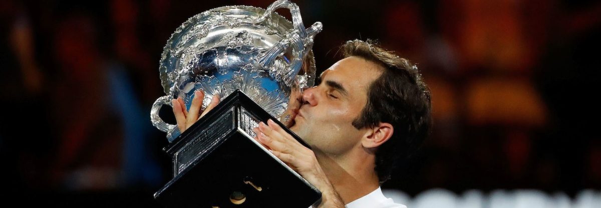 Roger Federer after winning his 20th major at the 2018 Australian Open at Melbourne Park on January 28, 2018.  (Scott Barbour/Getty Images)