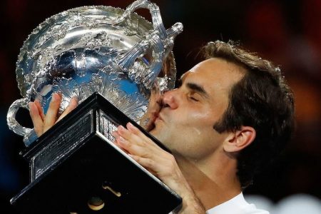 Roger Federer after winning his 20th major at the 2018 Australian Open at Melbourne Park on January 28, 2018.  (Scott Barbour/Getty Images)
