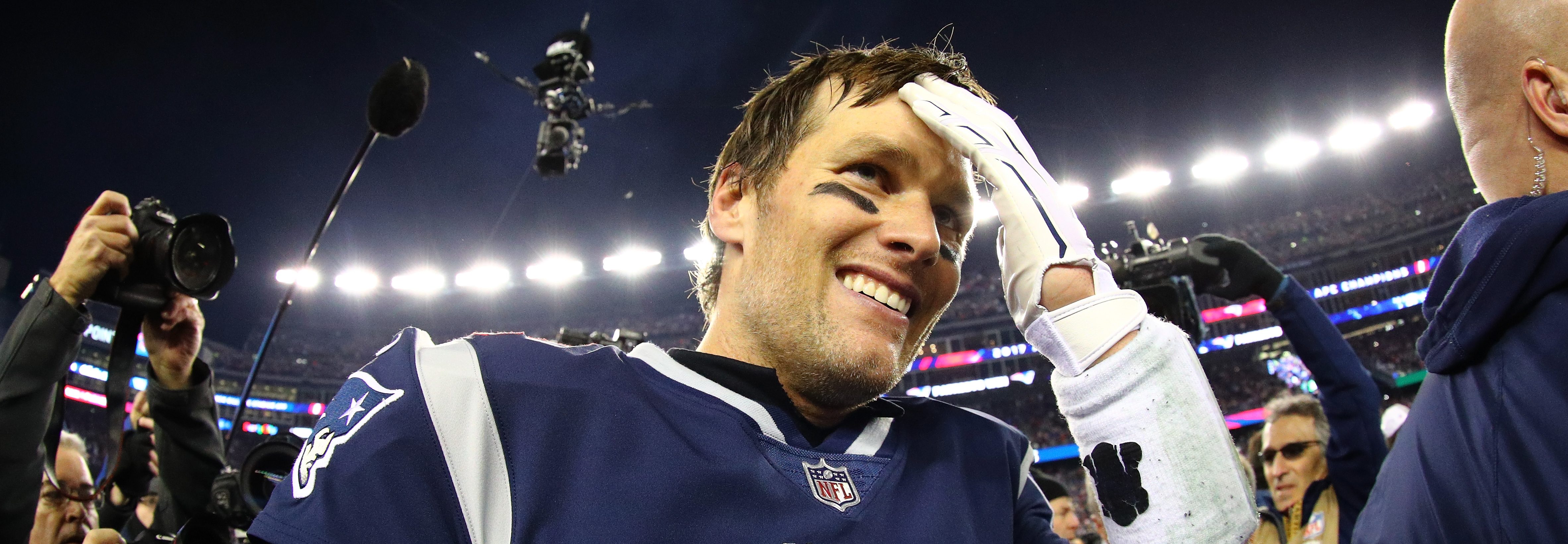 Tom Brady #12 of the New England Patriots reacts after winning the AFC Championship Game against the Jacksonville Jaguars at Gillette Stadium on January 21, 2018 in Foxborough, Massachusetts. (Maddie Meyer/Getty Images)