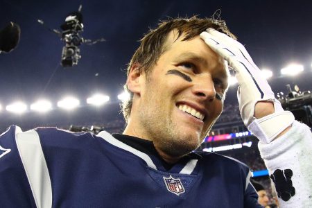 Tom Brady #12 of the New England Patriots reacts after winning the AFC Championship Game against the Jacksonville Jaguars at Gillette Stadium on January 21, 2018 in Foxborough, Massachusetts.  (Maddie Meyer/Getty Images)
