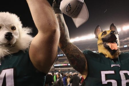 Beau Allen #94 and Chris Long #56 of the Philadelphia Eagles celebrates their teams win while wearing a dog masks over the Minnesota Vikings in the NFC Championship game at Lincoln Financial Field on January 21, 2018 in Philadelphia, Pennsylvania.  (Patrick Smith/Getty Images)