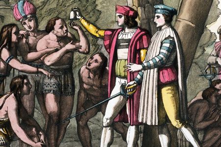 Engraving of Christopher Columbus Upon Reaching the New World by D. K. Bonatti (Historical Picture Archive/CORBIS/Corbis via Getty Images)