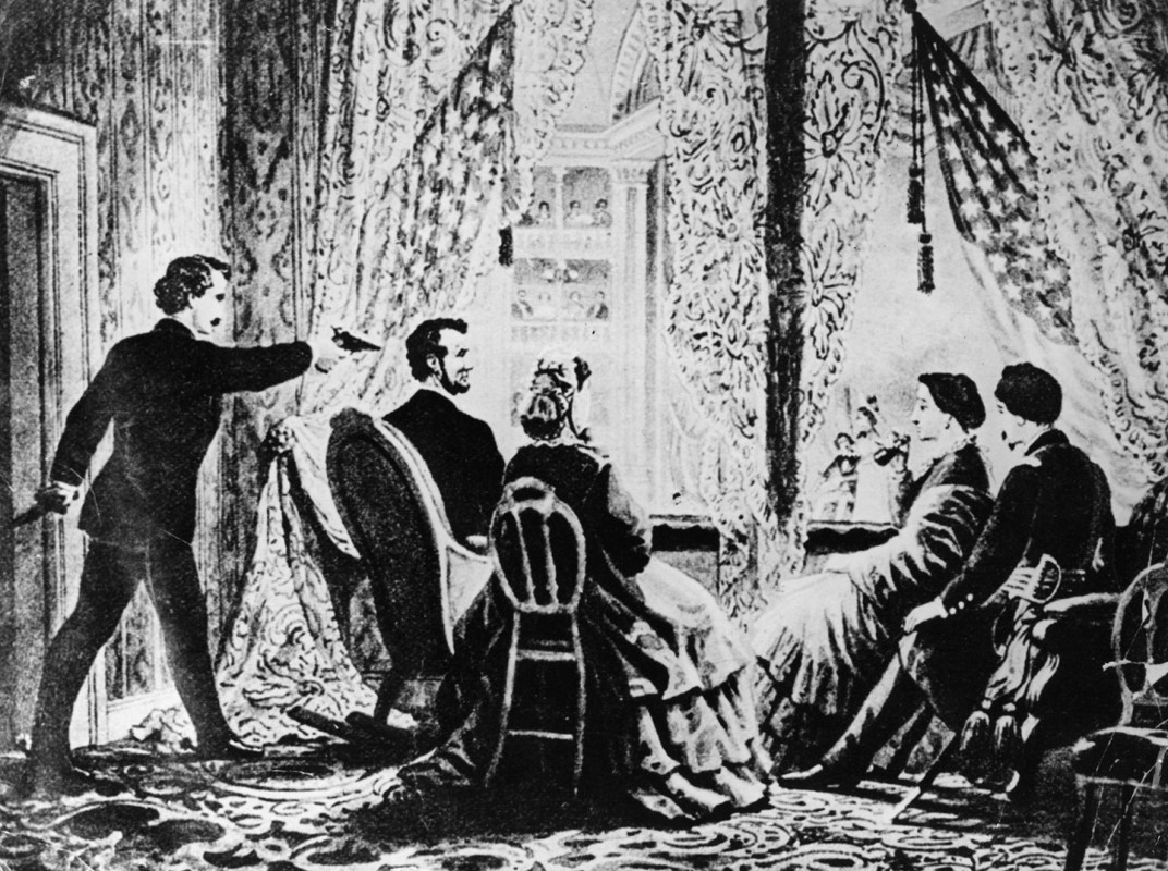 14th April 1865: The assassination of the 16th President of the United States, Abraham Lincoln by actor John Wilkes Booth at Ford's Theatre, Washington DC. (Hulton Archive/Getty Images)