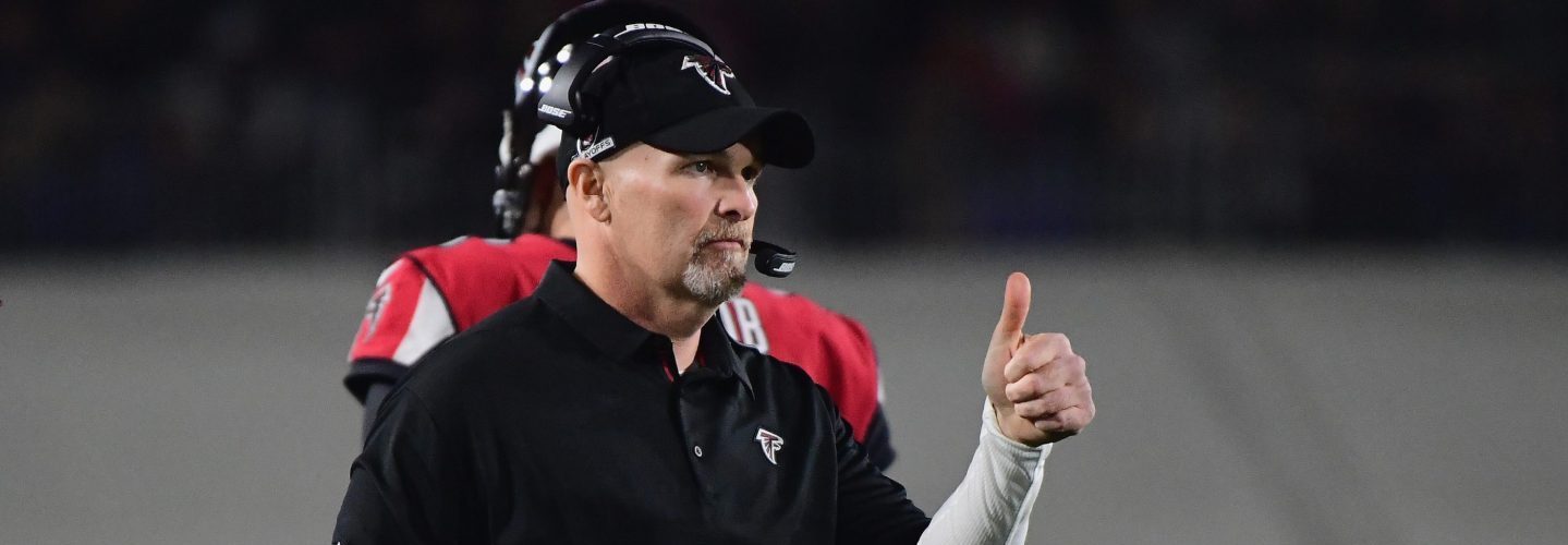 LOS ANGELES, CA - JANUARY 06: Head coach Dan Quinn of the Atlanta Falcons reacts from the sidelines during the second quarter of the NFC Wild Card Playoff game against the Los Angeles Rams at Los Angeles Coliseum on January 6, 2018 in Los Angeles, California. (Photo by Harry How/Getty Images)