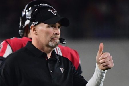 LOS ANGELES, CA - JANUARY 06:  Head coach Dan Quinn of the Atlanta Falcons reacts from the sidelines during the second quarter of the NFC Wild Card Playoff game against the Los Angeles Rams at Los Angeles Coliseum on January 6, 2018 in Los Angeles, California.  (Photo by Harry How/Getty Images)
