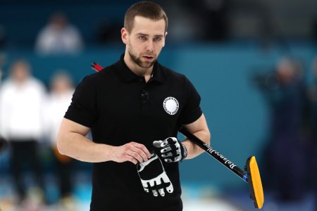 Aleksandr Krushelnitckii of Olympic Athletes from Russia looks on against Norway during the Curling Mixed Doubles Bronze Medal Game on day four of the PyeongChang 2018 Winter Olympic Games at Gangneung Curling Centre on February 13, 2018 in Gangneung, South Korea.  (Photo by Ronald Martinez/Getty Images)