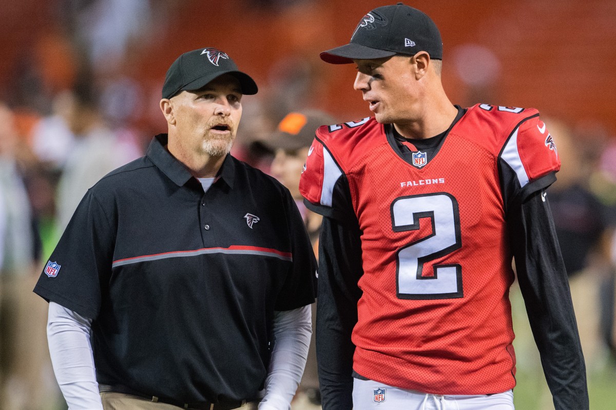Head coach Dan Quinn and quarterback Matt Ryan #2 of the Atlanta Falcons talk as they leave the field after the Falcons defeated the Cleveland Browns at FirstEnergy Stadium on August 18, 2016 in Cleveland, Ohio. The Falcons defeated the Browns 24-13. (Photo by Jason Miller/Getty Images)