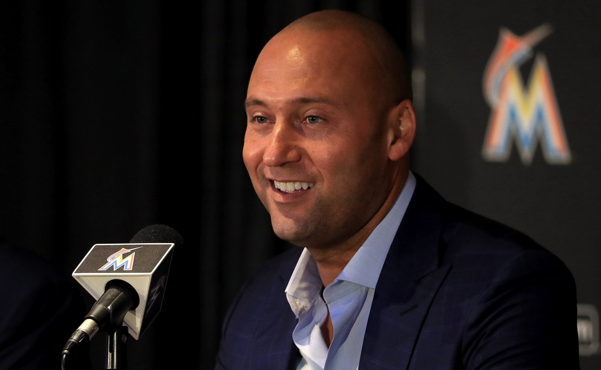 Miami Marlins CEO Derek Jeter speak with members of the media at Marlins Park on October 3, 2017 in Miami, Florida.  (Photo by Mike Ehrmann/Getty Images)