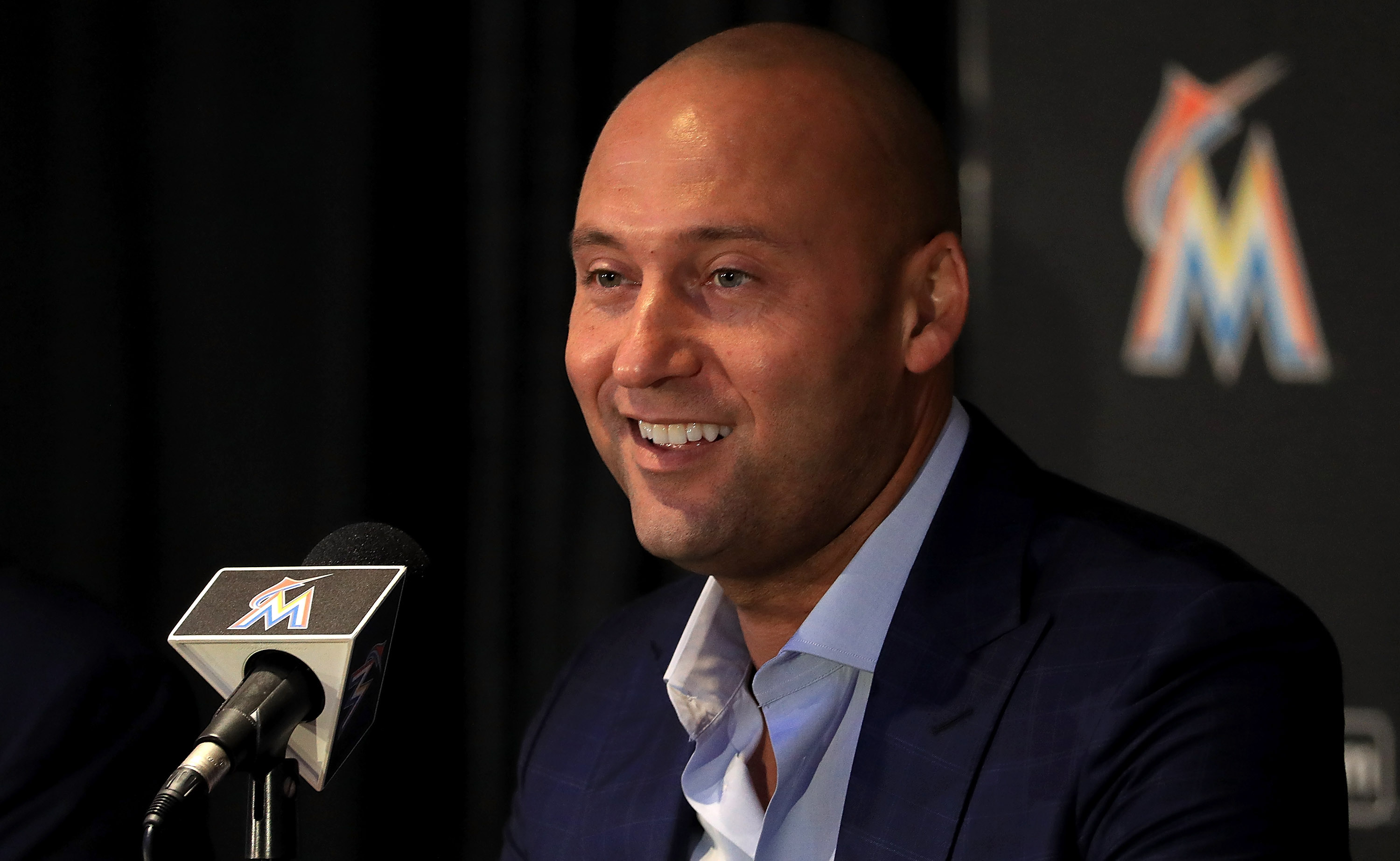 Miami Marlins CEO Derek Jeter speak with members of the media at Marlins Park on October 3, 2017 in Miami, Florida. (Photo by Mike Ehrmann/Getty Images)