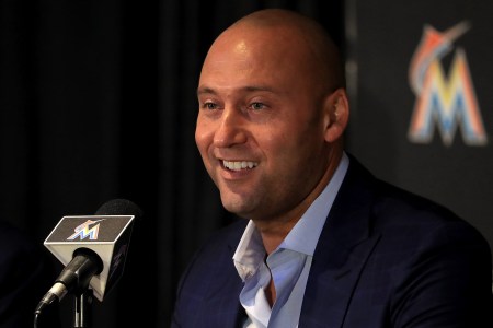 Miami Marlins CEO Derek Jeter speak with members of the media at Marlins Park on October 3, 2017 in Miami, Florida.  (Photo by Mike Ehrmann/Getty Images)
