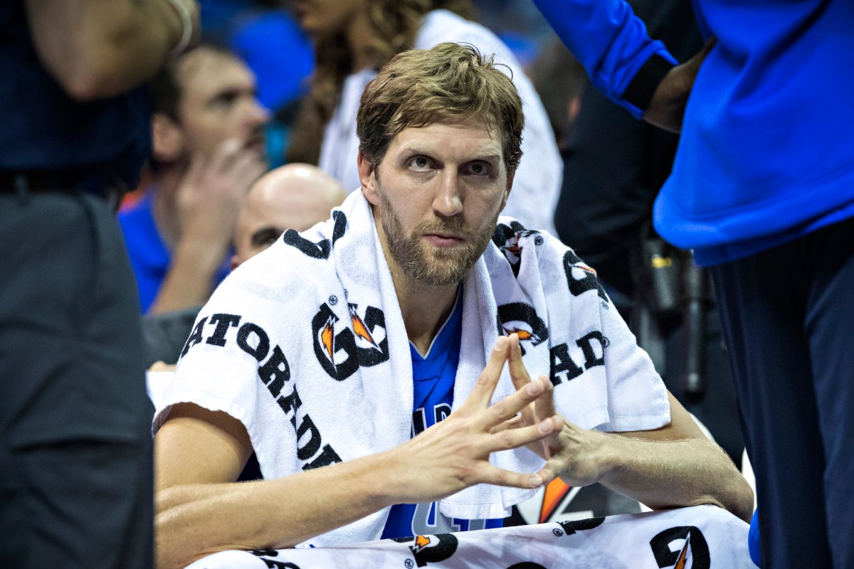 Dirk Nowitzki #41 of the Dallas Mavericks on the bench during a game against the Memphis Grizzlies at the FedEx Forum on October 26, 2017 in Memphis, Tennessee.
 (Wesley Hitt/Getty Images)