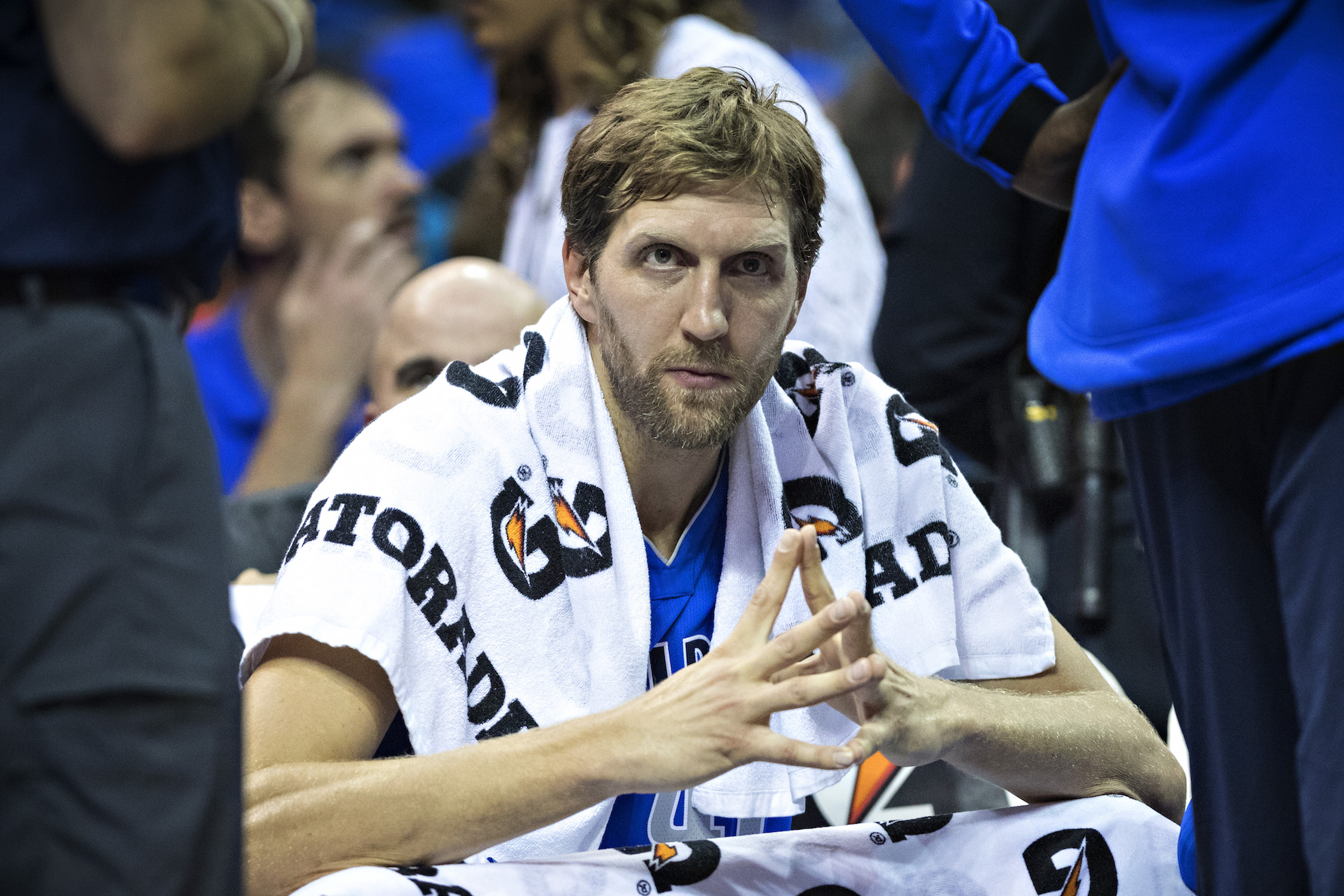 Dirk Nowitzki #41 of the Dallas Mavericks on the bench during a game against the Memphis Grizzlies at the FedEx Forum on October 26, 2017 in Memphis, Tennessee.
(Wesley Hitt/Getty Images)
