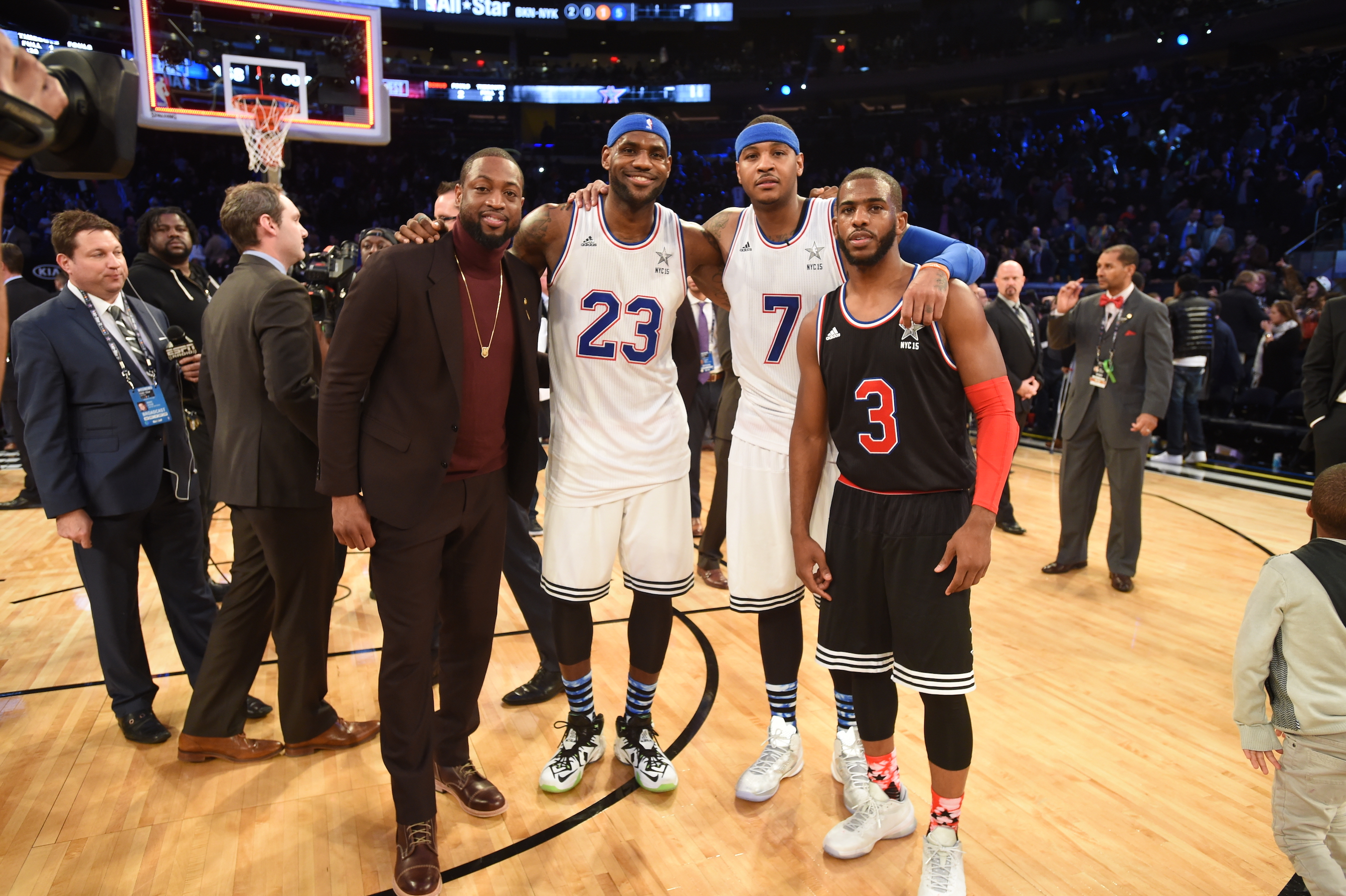 Dwyane Wade #3, LeBron James #23, Carmelo Anthony #7 of the Eastern Conference pose for a photo with Chris Paul #3 of the Western Conference after the 64th NBA All-Star Game presented by KIA as part of the 2015 NBA All-Star Weekend on February 15, 2015 at Madison Square Garden in New York, New York. NOTE TO USER: User expressly acknowledges and agrees that, by downloading and/or using this photograph, user is consenting to the terms and conditions of the Getty Images License Agreement. Mandatory Copyright Notice: Copyright 2015 NBAE (Photo by Andrew D. Bernstein/NBAE via Getty Images)