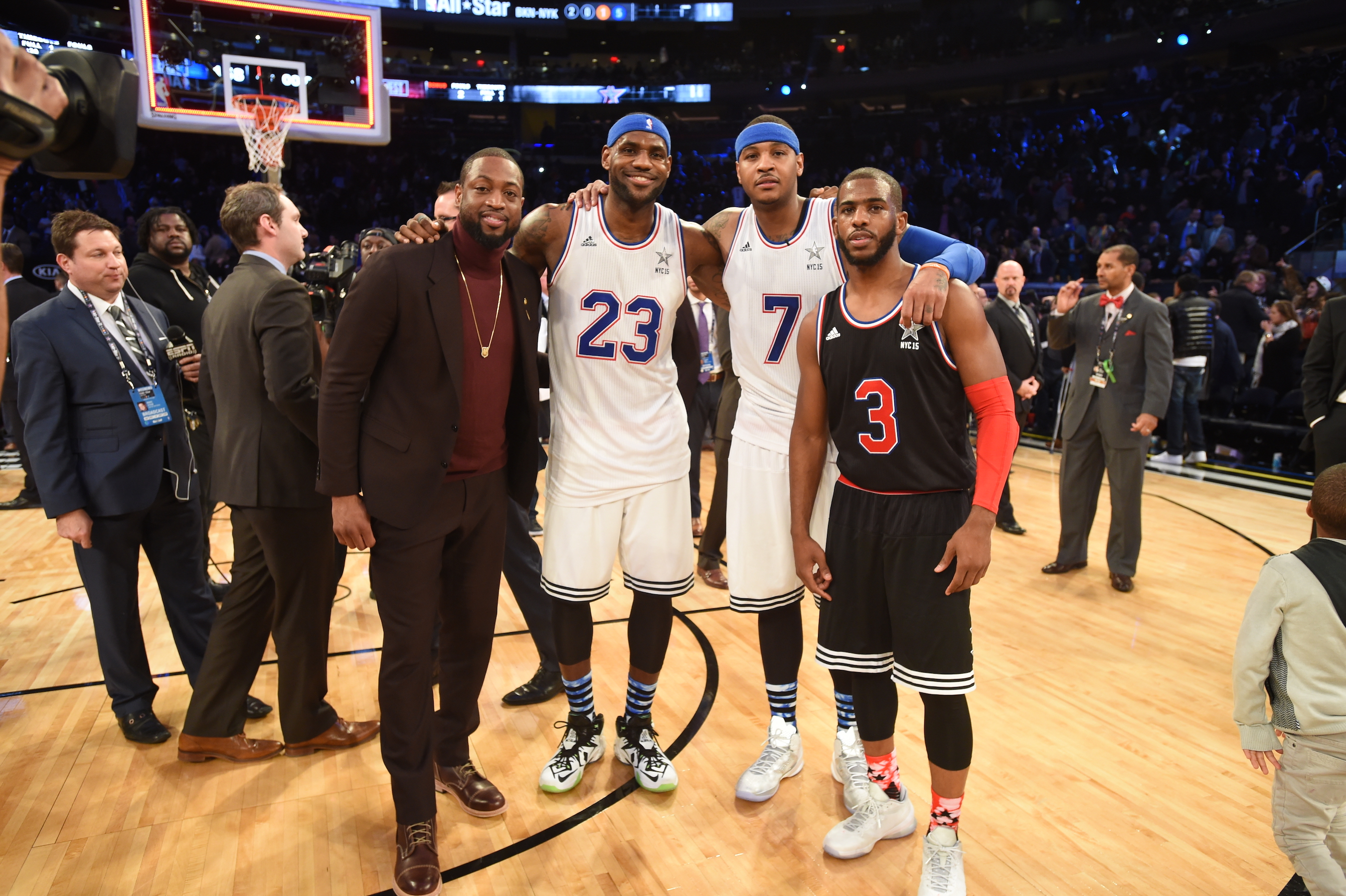 Dwyane Wade #3, LeBron James #23, Carmelo Anthony #7 of the Eastern Conference pose for a photo with Chris Paul #3 of the Western Conference after the 64th NBA All-Star Game presented by KIA as part of the 2015 NBA All-Star Weekend on February 15, 2015 at Madison Square Garden in New York, New York. NOTE TO USER: User expressly acknowledges and agrees that, by downloading and/or using this photograph, user is consenting to the terms and conditions of the Getty Images License Agreement.  Mandatory Copyright Notice: Copyright 2015 NBAE (Photo by Andrew D. Bernstein/NBAE via Getty Images)