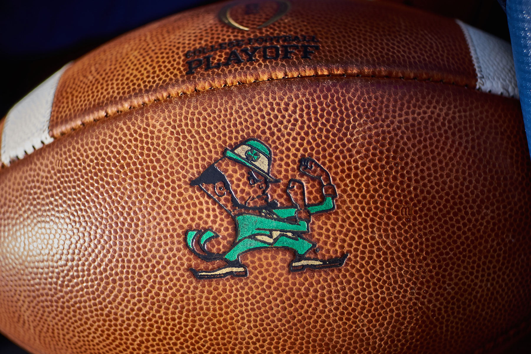 A detailed view of a Notre Dame Fighting Irish Wilson football with the Fighting Irish logo is seen around some equipment during the Notre Dame Fighting Irish Blue-Gold Spring Game on April 22, 2017, at Notre Dame Stadium in South Bend, IN.  (Photo by Robin Alam/Icon Sportswire via Getty Images)