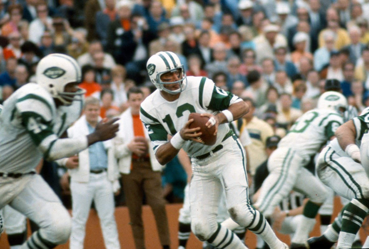 Joe Namath #12 of the New York Jets drops back to pass against the Baltimore Colts during Super Bowl III at the Orange Bowl on January 12, 1969 in Miami, Florida. The Jets defeated the Colts 16-7. (Focus on Sport/Getty Images)