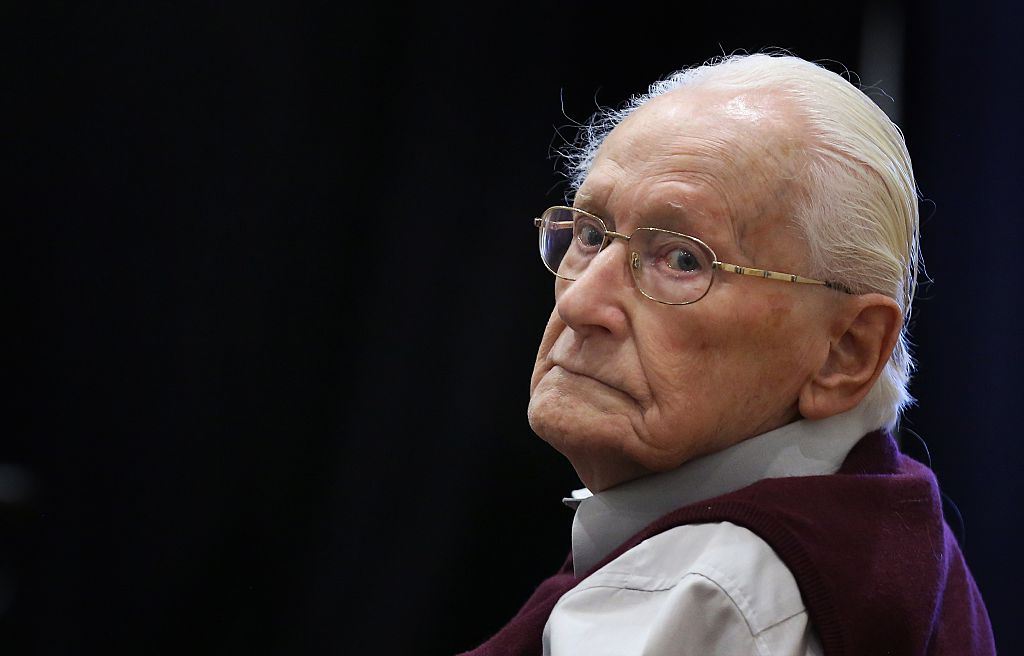 Defendant and German former SS officer Oskar Groening , 94, dubbed the "bookkeeper of Auschwitz", sits on July 1, 2015 at the courtroom at the 'Ritterakademie' venue in Lueneburg, northern Germany ahead of his trial. Groening and a survivor of the Nazi death camp testify in a German court as his historic trial nears a verdict. (Ronny Hartmann/AFP/Getty)