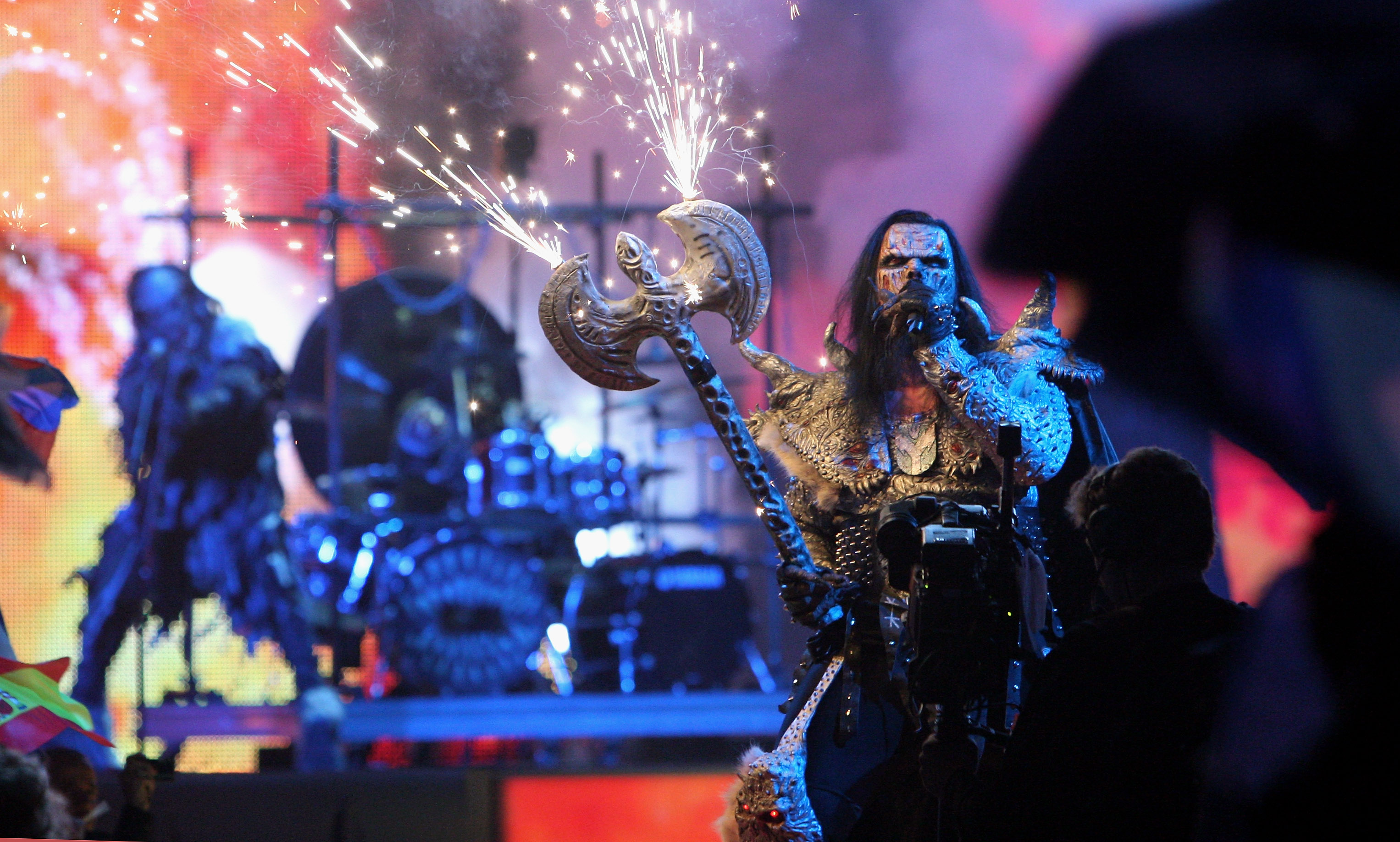 Lordi performs at the finals of the 2007 Eurovision Song Contest. (Photo by Johannes Simon/Getty Images)