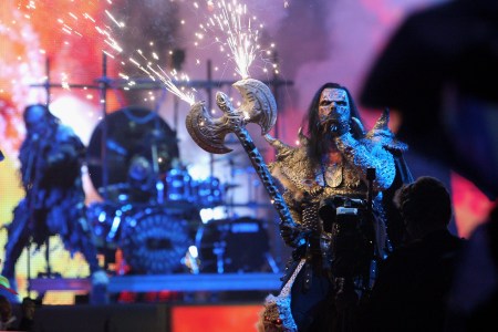 Lordi performs at the finals of the 2007 Eurovision Song Contest. (Photo by Johannes Simon/Getty Images)