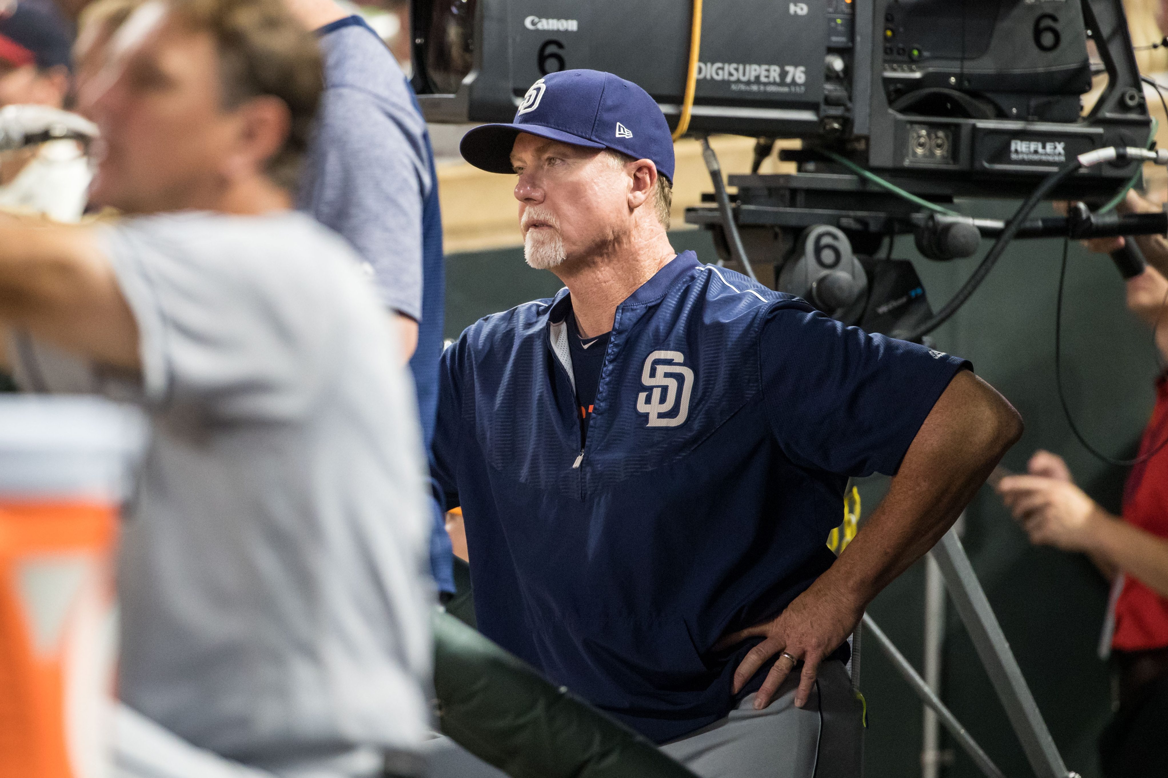 San Diego Padres hitting coach Mark McGwire #25 against the Minnesota Twins on September 13, 2017 at Target Field in Minneapolis, Minnesota. The Twins defeated the Padres 3-1. (Brace Hemmelgarn/Minnesota Twins/Getty Images)
