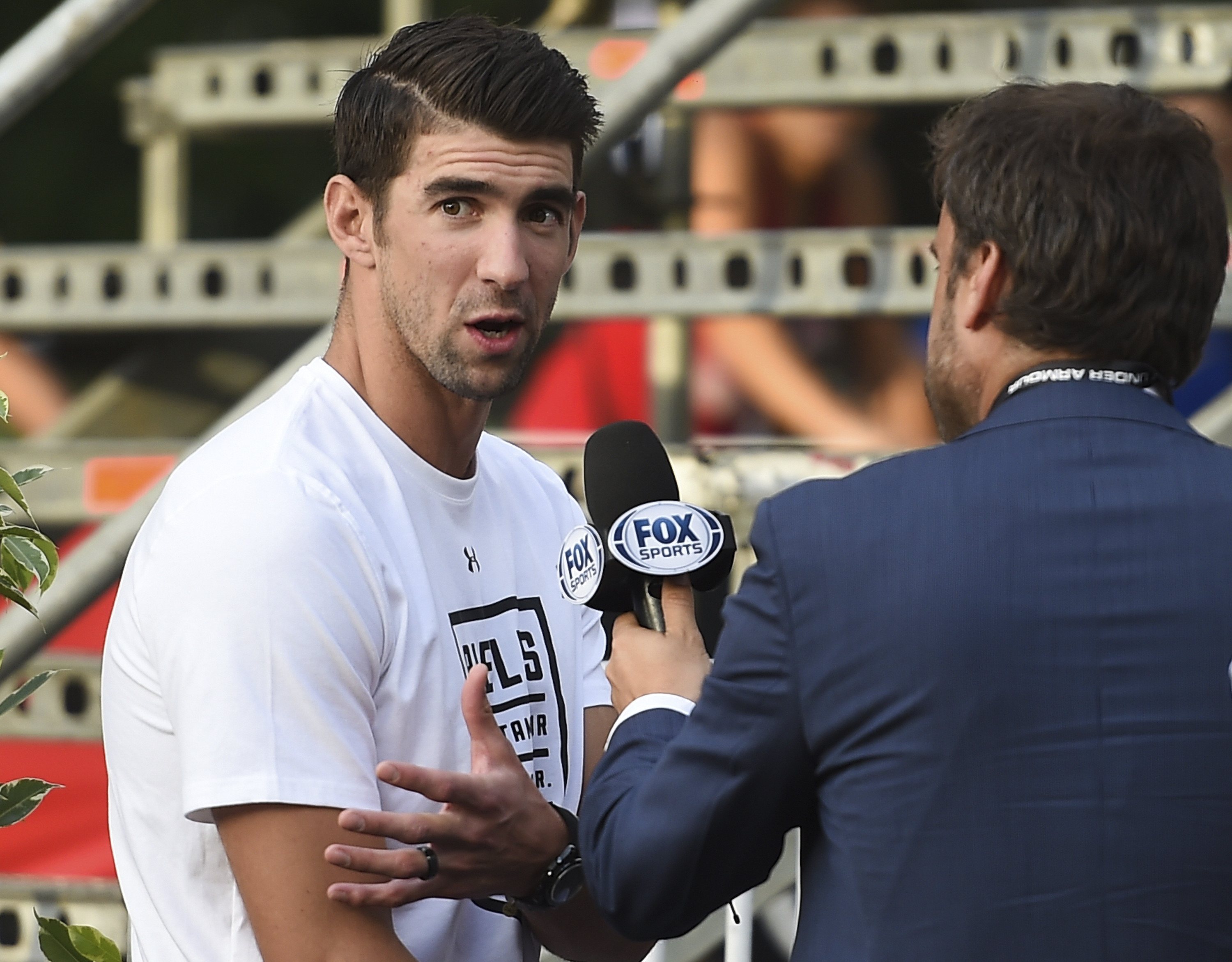 Michael Phelps talks to the media during his visit to Argentina at El Rosedal Park on December 07, 2017 in Buenos Aires, Argentina. (Marcelo Endelli/Getty Images)