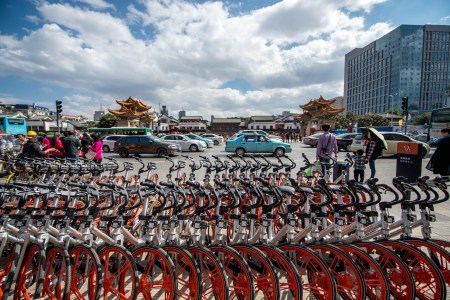 Shared bicycles are seen in Kunming, capital of southwest China's Yunnan Province, April 5, 2017. In recent years, a number of China's technological innovations have been making their moves in the world. Among them, Dockless Shared Bicycles, High-speed Rail, Alipay and E-commerce stand out with a reputation of China's "four great new inventions" in modern times, which have made the daily life of the public more and more convenient. (Xinhua/Hu Chao via Getty Images)