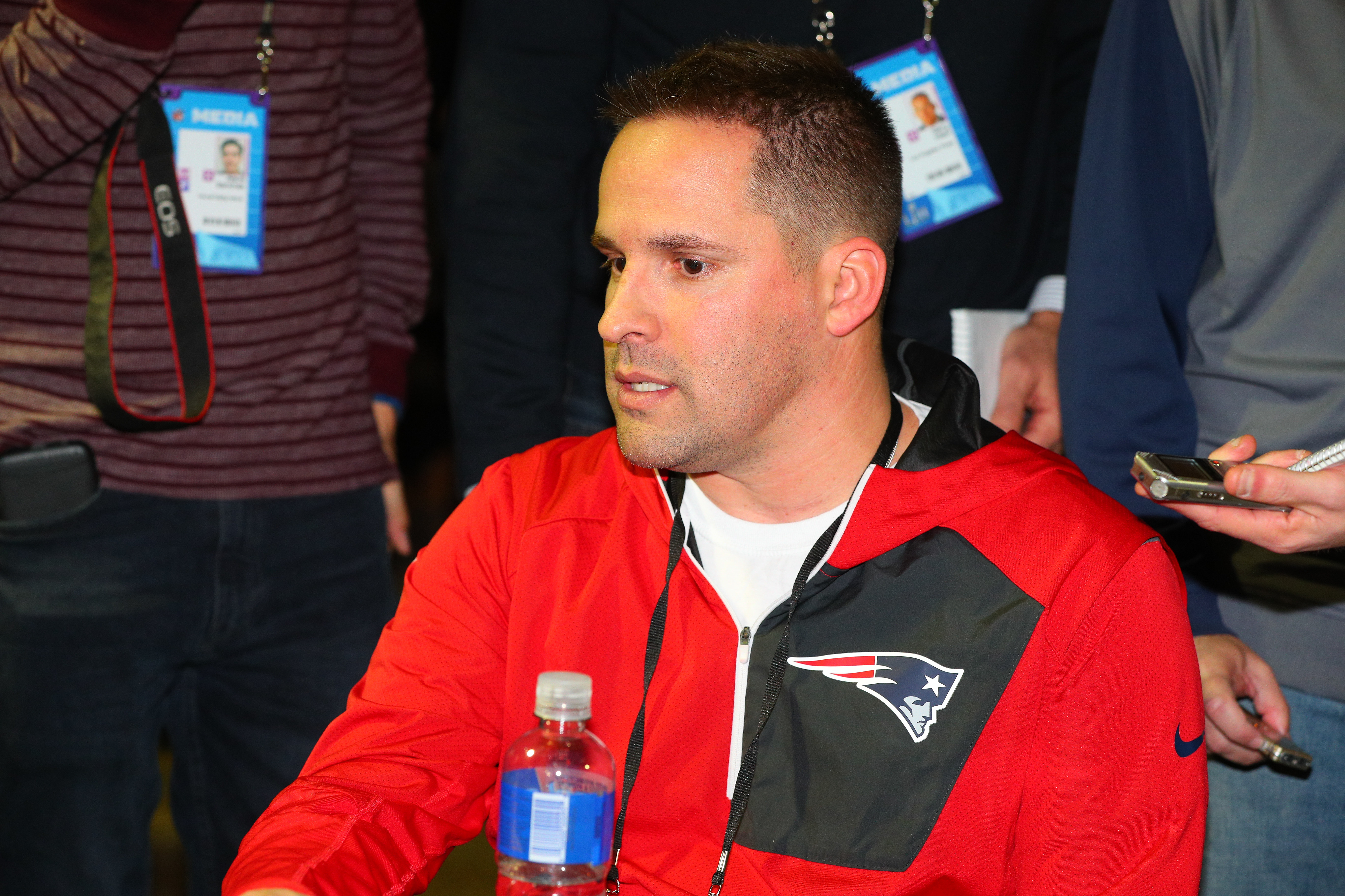 BLOOMINGTON, MN - JANUARY 31:  New England Patriots Offensive Coordinator Josh McDaniels answers questions during the New England Patriots Patriots Press Conference on January 31, 2018, at the Mall of America in Bloomington, MN.   (Photo by Rich Graessle/Icon Sportswire via Getty Images)