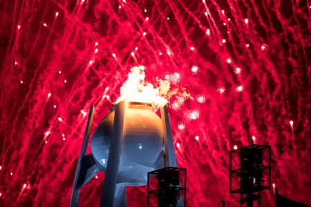 PYEONGCHANG-GUN, SOUTH KOREA - FEBRUARY 09:  Fireworks erupt as the Olympic Cauldron is lit during the Opening Ceremony of the PyeongChang 2018 Winter Olympic Games at PyeongChang Olympic Stadium on February 9, 2018 in Pyeongchang-gun, South Korea.  (Photo by XIN LI/Getty Images)