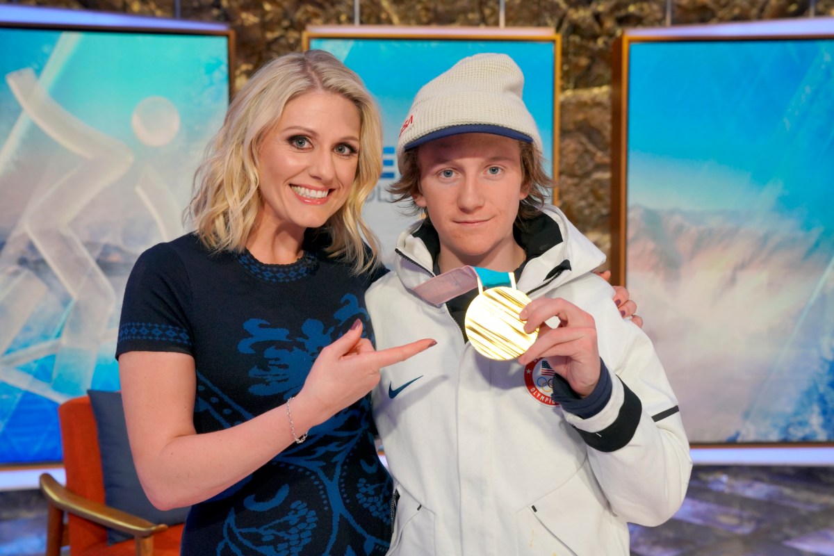 Rebecca Lowe with Gold Medalist Red Gerard on February 11, 2018. (Paul Drinkwater/NBC/NBCU Photo Bank via Getty Images)