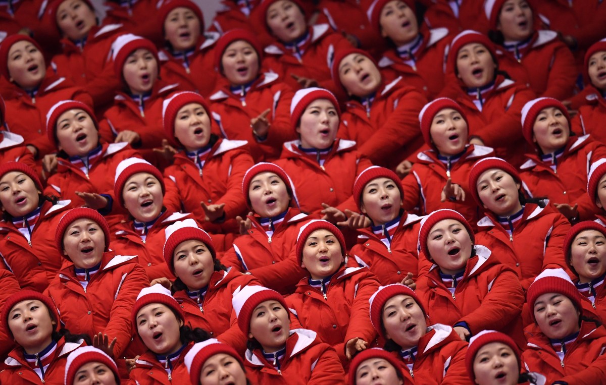 North Korean cheerleaders perform during the Pair Skating Free Skating at Gangneung Ice Arena on February 15, 2018 in Gangneung, South Korea.  (Harry How/Getty Images)
