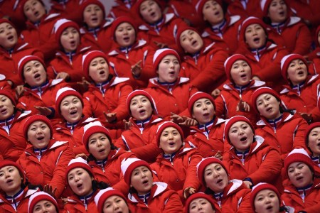 North Korean cheerleaders perform during the Pair Skating Free Skating at Gangneung Ice Arena on February 15, 2018 in Gangneung, South Korea.  (Harry How/Getty Images)