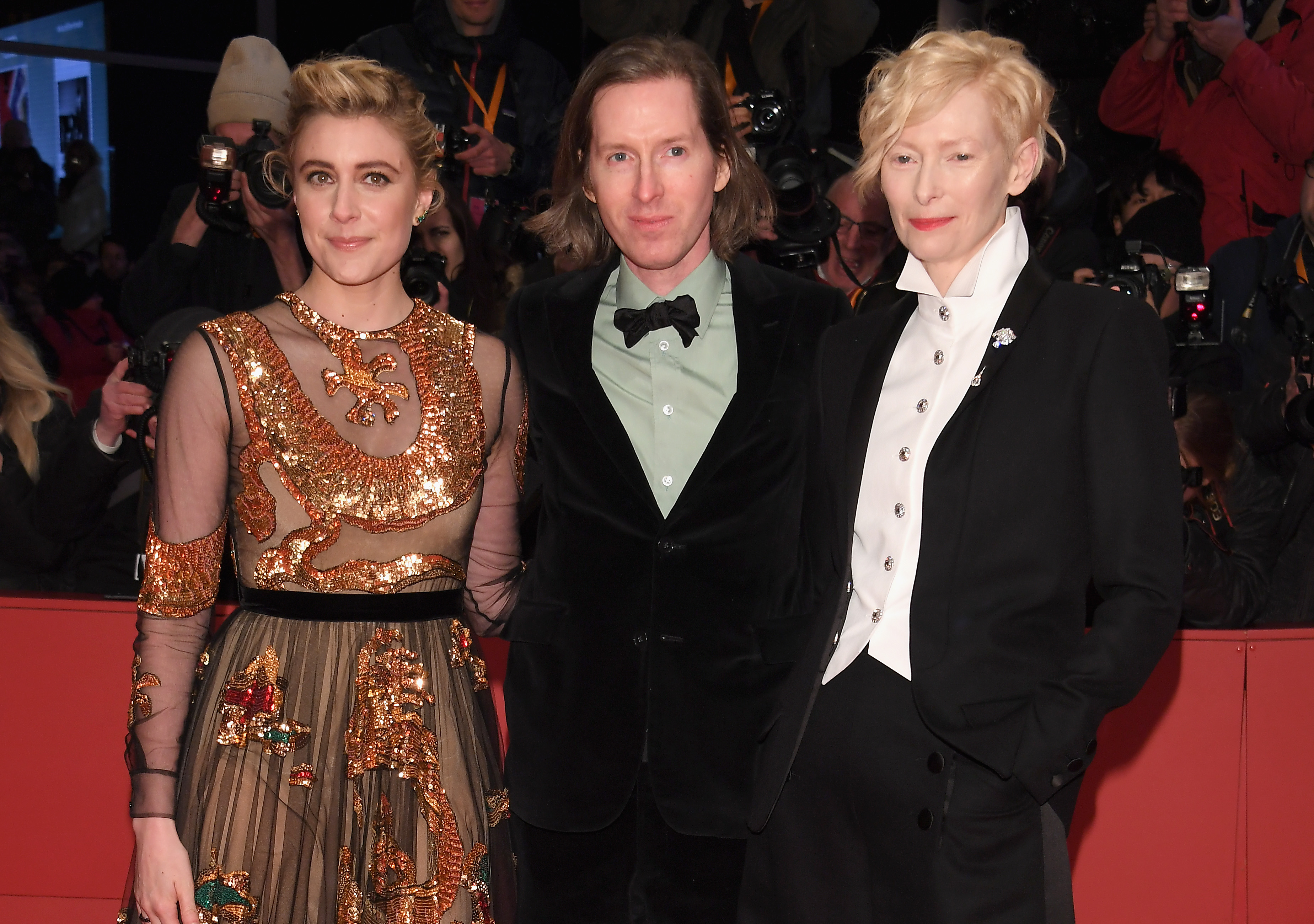 Greta Gerwig, Wes Anderson and Tilda Swinton attend the Opening Ceremony & 'Isle of Dogs' premiere during the 68th Berlinale International Film Festival Berlin at Berlinale Palace on February 15, 2018 in Berlin, Germany. (Dominique Charriau/WireImage)