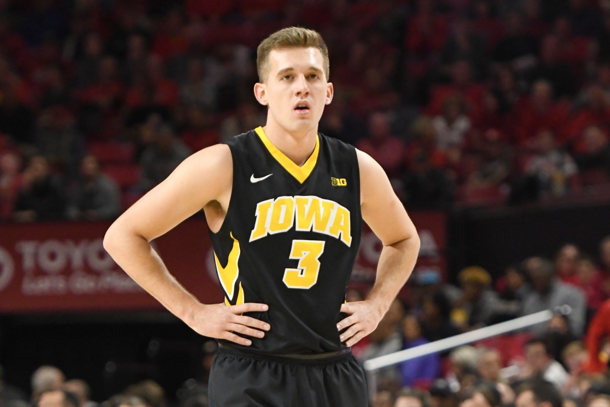 Jordan Bohannon #3 of the Iowa Hawkeyes looks on during a college basketball game against the Iowa Hawkeyes at the XFinity Center on January 7, 2018 in College Park, Maryland.   (Mitchell Layton/Getty Images)
