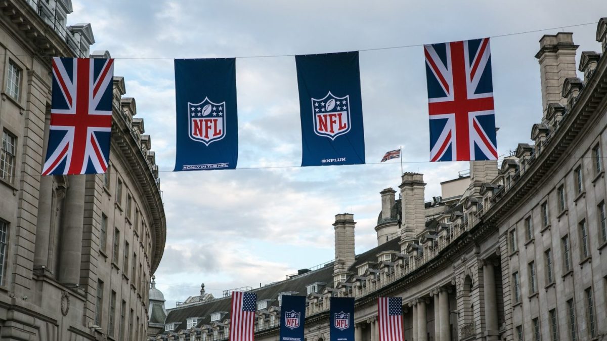 Flags draped across Regent Street celebrate the NFL's American football games on September 12, 2017, in London, England. (George Rose/Getty Images)