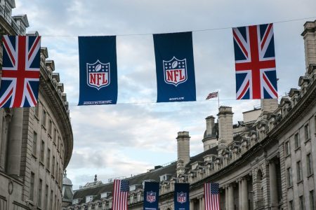 Flags draped across Regent Street celebrate the NFL's American football games on September 12, 2017, in London, England. (George Rose/Getty Images)