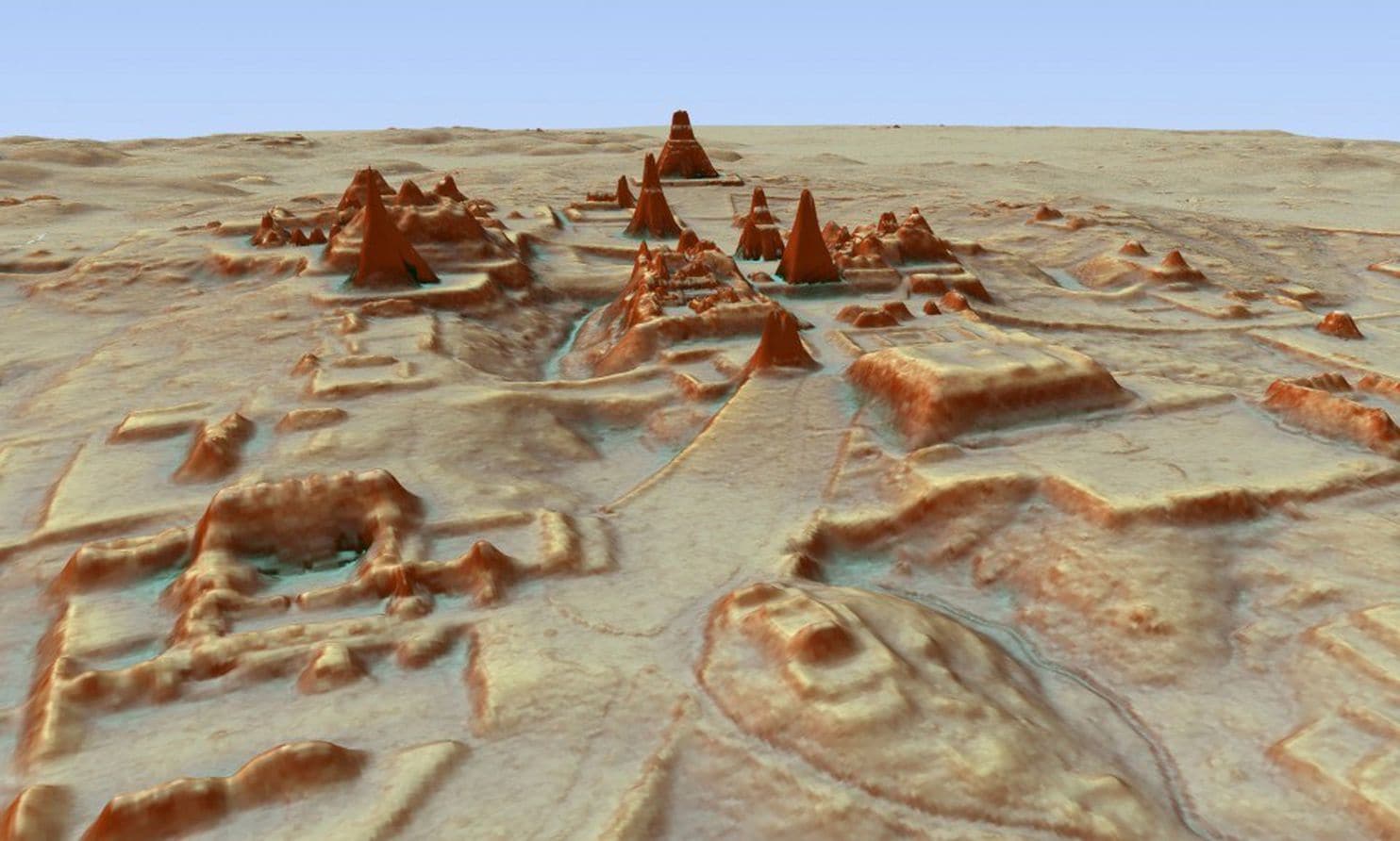 Digital 3-D image provided by Guatemala's Mayan Heritage and Nature Foundation, PACUNAM, shows a depiction of the Maya archaeological site at Tikal in Guatemala created using lidar aerial mapping technology.  (Canuto & Auld-Thomas/PACUNAM via AP)