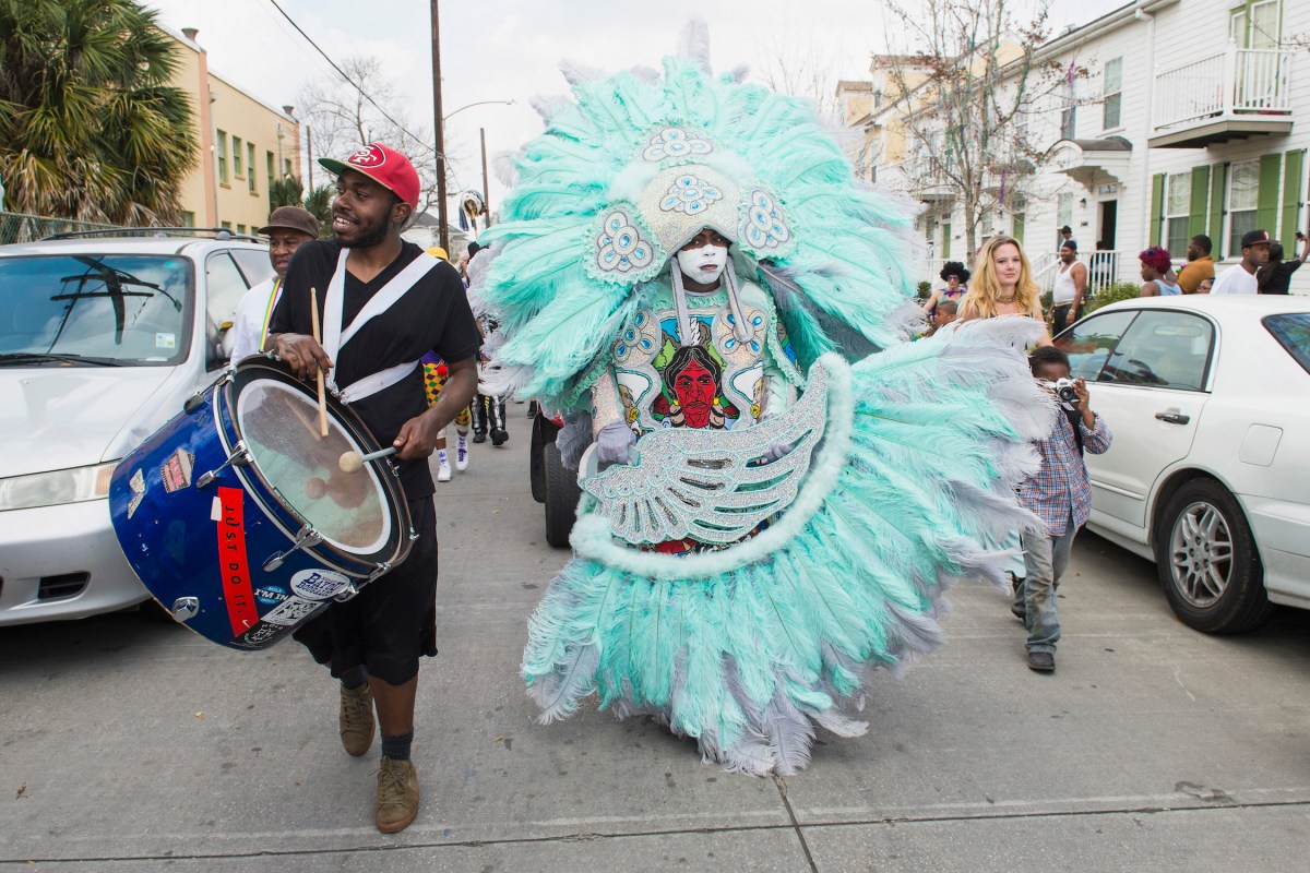Kerry Vessel of the Golden Eagles Indian Rhythm Section and Second Chief Joseph Bourdreaux, Jr. mask on February 28, 2017 in New Orleans, Louisiana.  (Erika Goldring/Getty Images)