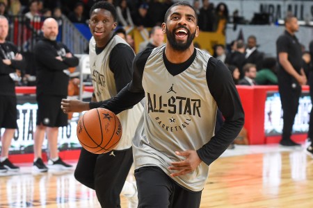 Kyrie Irving #11 goes past Victor Oladipo #4 of Team LeBron during practice at the Verizon Up Arena at LACC on February 17, 2018 in Los Angeles, California.  (Photo by Jayne Kamin-Oncea/Getty Images)NOTE TO USER: User expressly acknowledges and agrees that, by downloading and or using this photograph, User is consenting to the terms and conditions of the Getty Images License Agreement.  (Photo by Jayne Kamin-Oncea/Getty Images)