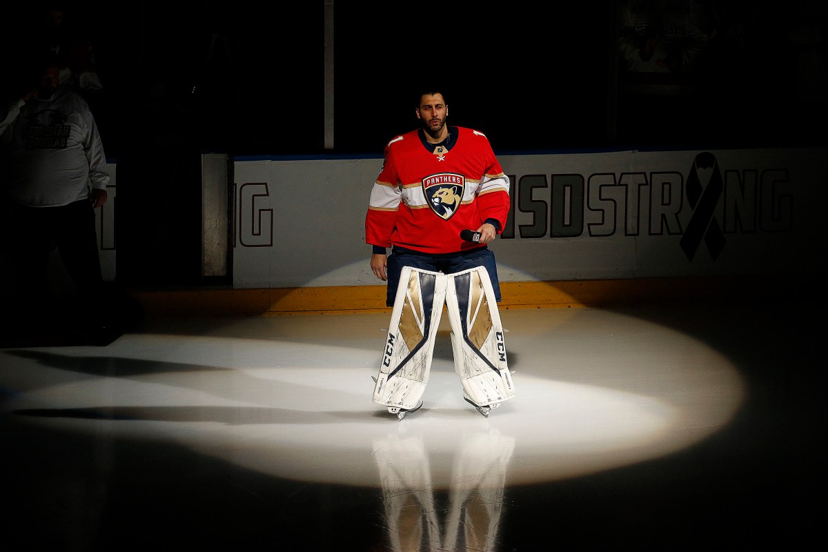 Goaltender Roberto Luongo #1 of the Florida Panthers who is a longtime resident of Parkland Florida speaks to the crowd prior to the start of the game against the Washington Capitals about the tragedy at Stoneman Douglas High School. at the BB&T Center on February 22, 2018 in Sunrise, Florida. (Photo by Eliot J. Schechter/NHLI via Getty Images)
