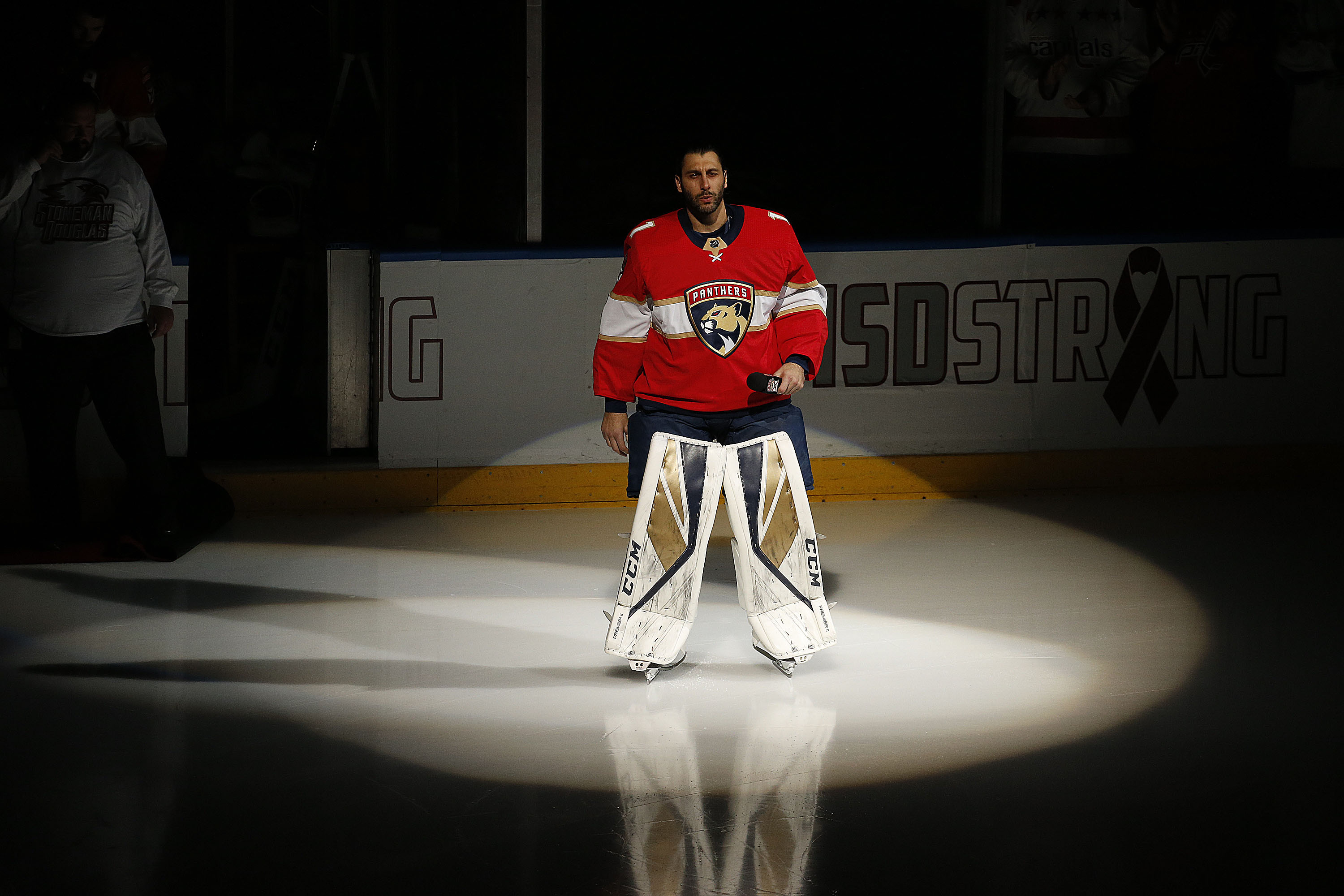 Goaltender Roberto Luongo #1 of the Florida Panthers who is a longtime resident of Parkland Florida speaks to the crowd prior to the start of the game against the Washington Capitals about the tragedy at Stoneman Douglas High School. at the BB&T Center on February 22, 2018 in Sunrise, Florida. (Photo by Eliot J. Schechter/NHLI via Getty Images)
